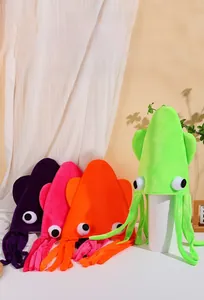 Detailed view of plush octopus party hats in vibrant purple, rose, orange, and green colors