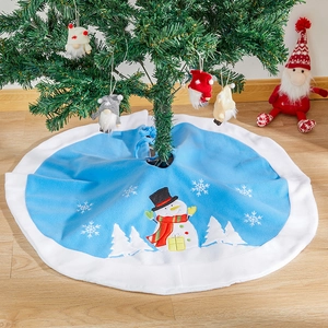 Blue and white snowman Christmas tree skirt with embroidered festive scene decor