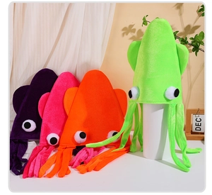 Detailed view of four colorful velvet squid hats for costume parties and fun performance