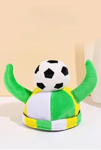 Close-up detail of a plush football horn hat with green horns and tri-color trim
