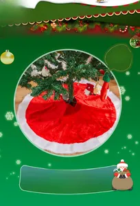 Detail of red plush Christmas tree skirt with white faux fur trim for festive decoration