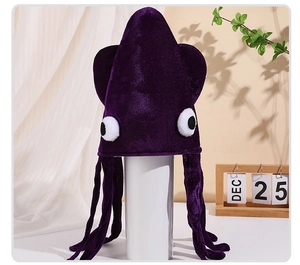 Detail of soft purple velvet squid hat with large 3D eyes and long tentacles