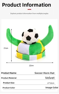 Detail view of carnival soccer bull horn hat in velvet showing 21cm height and 22cm width