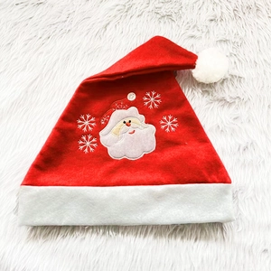 Red Christmas hat with Santa Claus embroidery and white plush trim for adults and kids