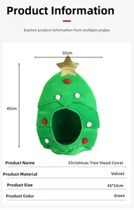 Detail view of green velvet Christmas tree hat with gold star and plush balls decoration