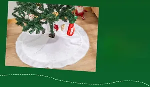 Detail view of plush white faux fur Christmas tree skirt on light wooden floor decor