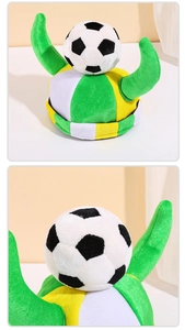 Detail view of the plush soccer hat featuring vibrant green, yellow, and white color stitching