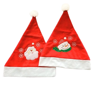 Classic red Christmas hat set featuring Santa and Snowman embroidery with white plush trim