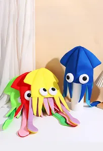 Detail of colorful velvet octopus hats in blue, yellow, red and green for party fun