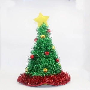 Festive green tinsel Christmas tree hat with red ornaments and a yellow star topper