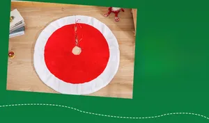 Detail of red and white plush Christmas tree skirt with soft faux fur trim and ties