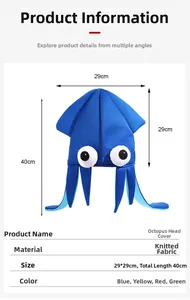 Detail showing velvet squid hat dimensions 29x29cm with 40cm total length in blue