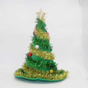 Christmas tree shaped party hat with green base, golden tinsel, and a star on top