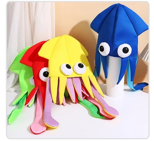 Detail of colorful velvet squid hats with big eyes and tentacles for party props