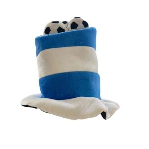 Blue and white striped plush soccer fan hat with 3D football topper for party events