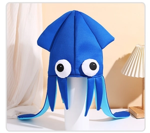 Blue velvet squid hat with large eyes and long tentacles for festive costume parties