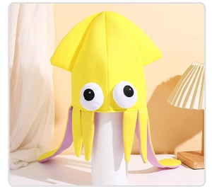 Detail of yellow velvet squid hat with large eyes and purple lining for party fun