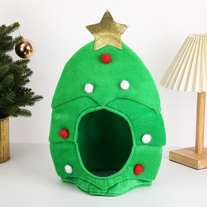 Christmas tree shaped pet hat with gold star and colorful pom-poms for holiday party