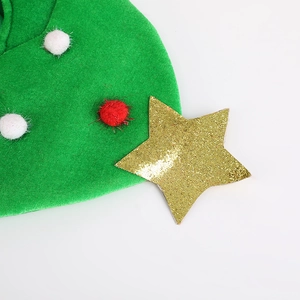 Christmas tree hat party accessory with gold glitter star and colorful plush balls