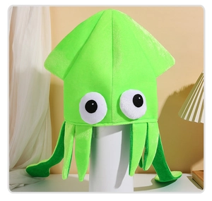 Detail of neon green velvet squid hat featuring plush tentacles and large 3D eyes