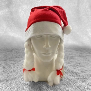 Bonnet de Père Noël rouge en peluche avec tresses blanches et nœuds rouges