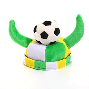 Green and yellow plush soccer fan hat with ox horns and mini ball for festival parties