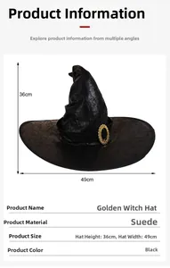 Detail view of suede witch hat with gold buckle showing dimensions 36cm height and 49cm width