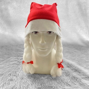 Bonnet de Père Noël Avec Tresses Blanches Rouge Tissu Non Tissé Fête Accessoire de Déguisement Nœud Décoration de Noël