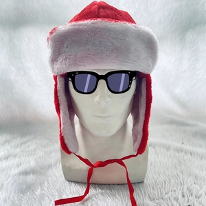 Christmas Plush Earflap Lei Feng Hat Warm Winter Trapper Cap For Festive Party Performance Costume Red White Faux Fur Accessory