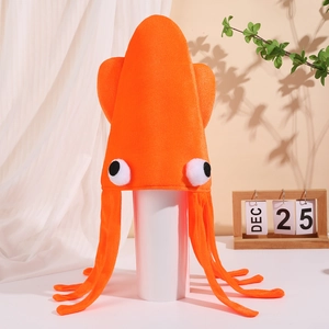 Funny orange velvet squid hat with large eyes and long tentacles for party costumes