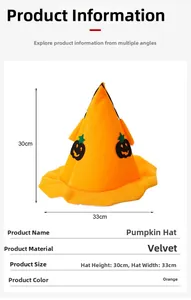 Detail of orange pumpkin wizard hat in gold velvet with 30cm height and 33cm width dimensions