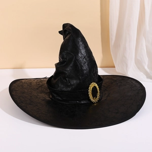 Classic black witch hat with crackle texture and gold buckle for Halloween cosplay party