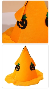 Close-up detail of soft orange wizard hat with black pumpkin appliques for Halloween