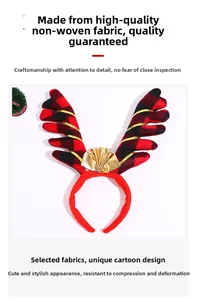 Détail de serre-tête de Noël avec bois de renne à carreaux rouges et nœud en satin doré