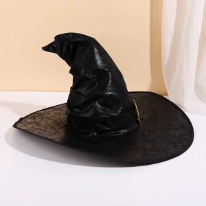 Classic black wizard hat with cracked leather texture and gold buckle for Halloween cosplay