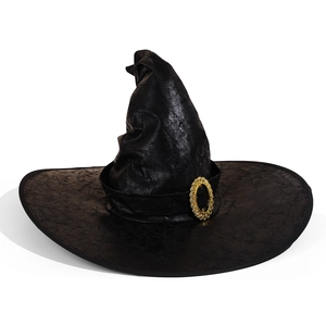 Black crinkled faux leather wizard hat with vintage gold buckle for Halloween party