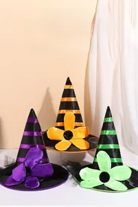 Close-up of Halloween witch hats featuring decorative satin flowers and black mesh veils