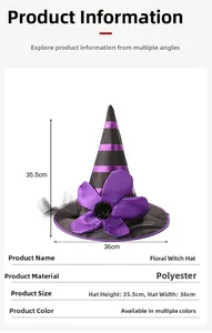 Detail view of purple and black striped witch hat with large flower and sequins