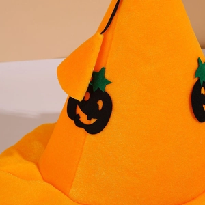 Classic orange felt witch hat with black pumpkin smiley face and green star topper