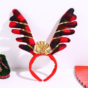 Serre-tête de Noël Bois de Renne à Carreaux Buffalo avec Nœud Doré pour Décoration de Coiffure de Fête de Noël Cosplay