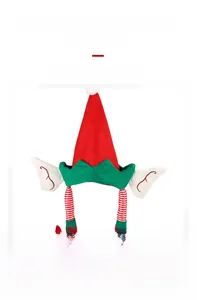 Detail view of felt Christmas elf hat featuring striped legs and pointed ears ornaments