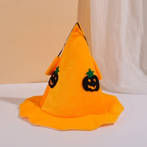 Classic orange Halloween pumpkin wizard hat with black face print and green leaf detail