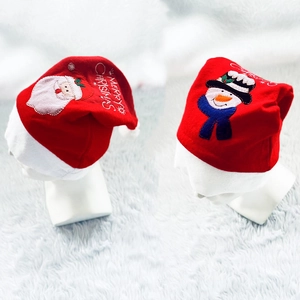 Classic red knit Christmas hats featuring embroidered Santa Claus and Snowman characters