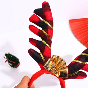 Serre-tête bois de renne de Noël avec motif à carreaux rouge et noir et nœud doré
