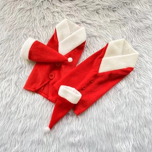 Christmas wine bottle cover set with red velvet vest and matching Santa hats on grey background