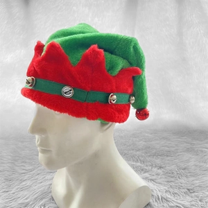Festive red and green Christmas Elf hat with silver bells on a mannequin display