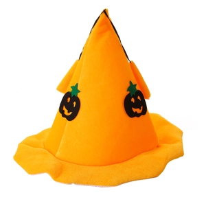 Classic orange Halloween witch hat with black pumpkin face patches for costume parties
