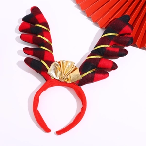 Serre-tête bois de renne de Noël avec motif à carreaux rouge et noir et nœud doré