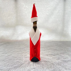 Christmas wine bottle cover set with red plush vest button detail and mini Santa hat