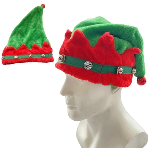 Festive red and green elf hat with jingle bells for Christmas party and costume events